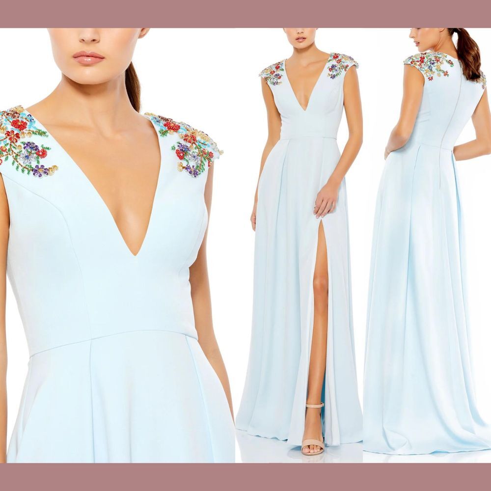 Mac Duggal Light Blue Embellished Shoulder V-Neck Evening Gown